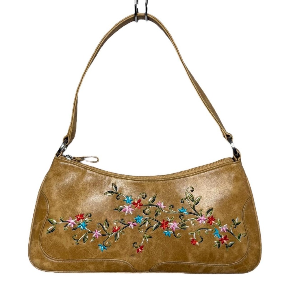 Boho Y2K Floral Embroidered Faux Leather East West Shoulder Bag Tan Cottagecore